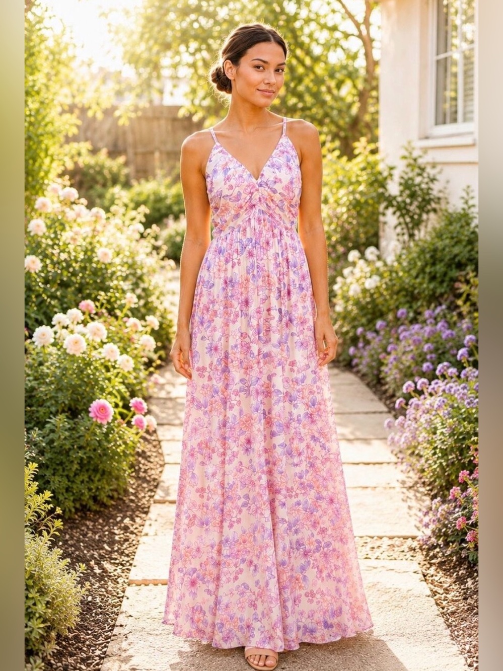Mystree Pastel Floral Pleated Mesh Criss Cross Back Maxi Dress Large NWT Stretch